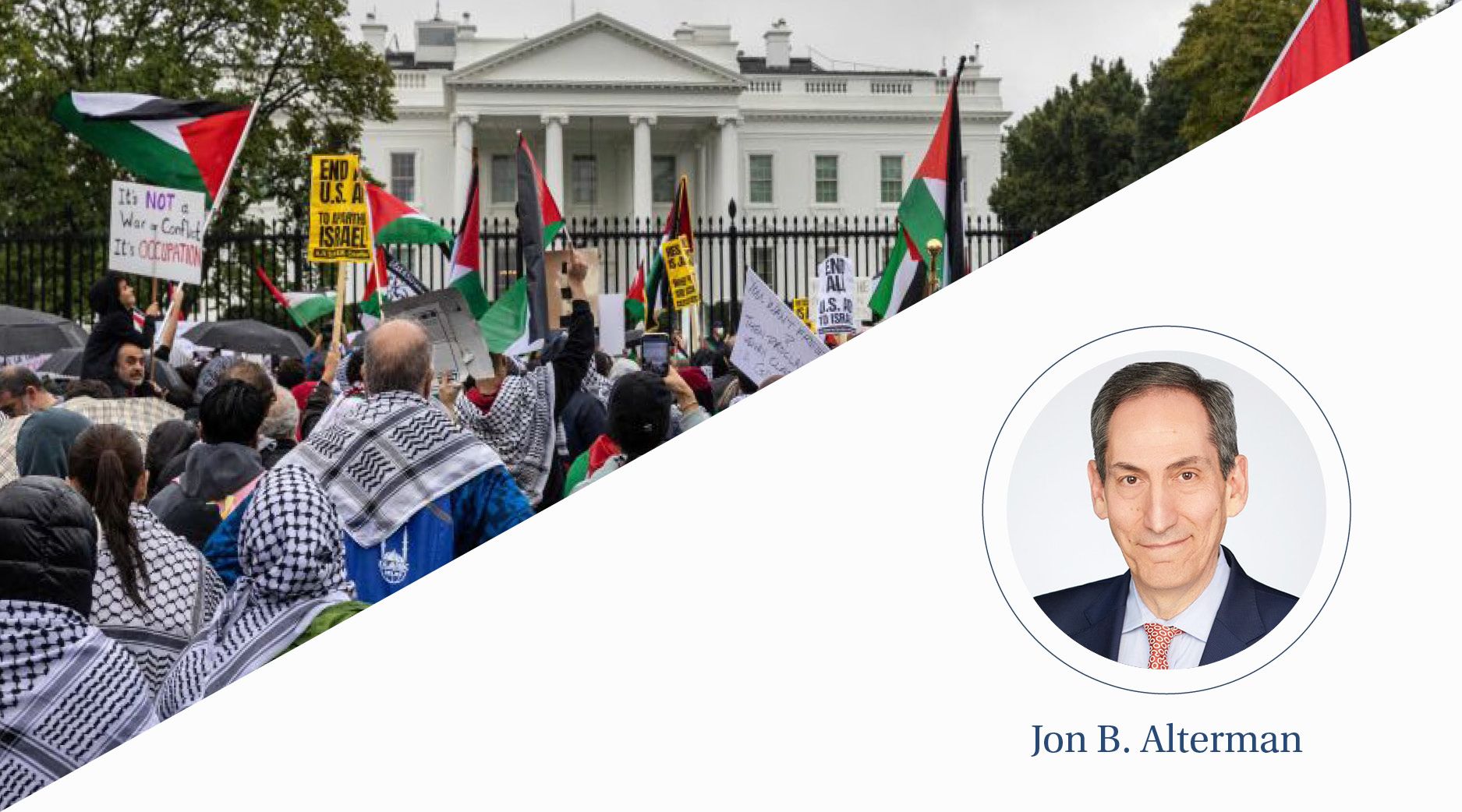 Protesters wave Palestinian flags in front of the White House.