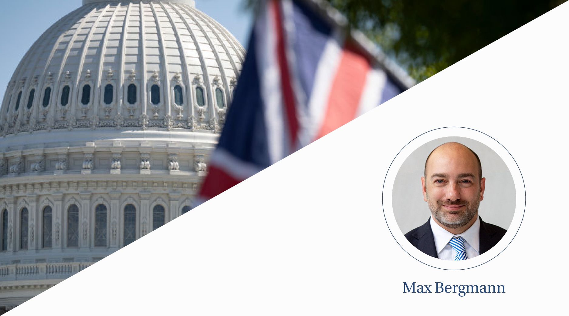 A close-up of the U.S. Capitol building with a British flag in the foreground.