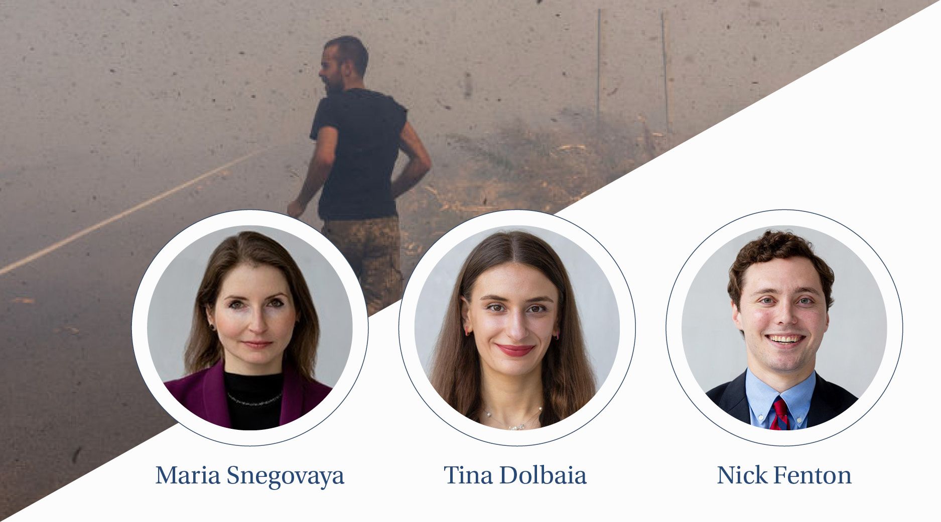 A man runs down a smoky road with debris falling down.