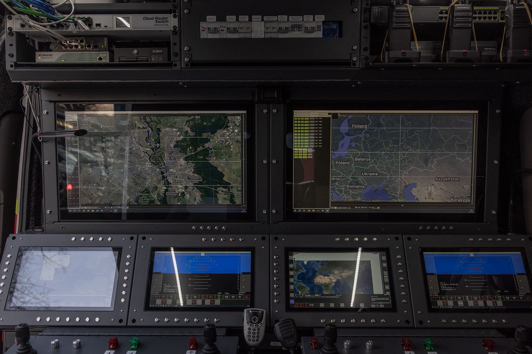 A control room inside a minivan for Raybird long-range surveillance drone at the Skyeton drone-manufacturing company, in the Kyiv region, on February 27, 2024, amid the Russian invasion of Ukraine. | Roman Pilipey/AFP via Getty Images