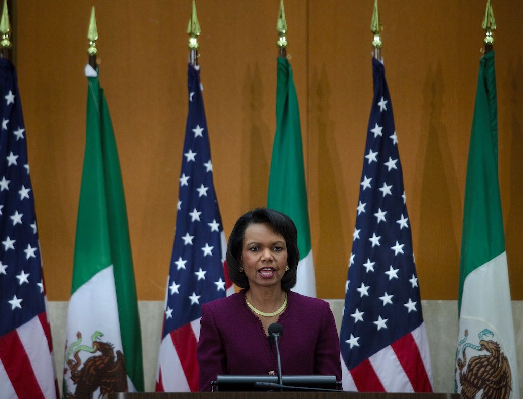 In December 2008, Secretary of State Condoleezza Rice speaks during a press briefing about a meeting of the Merida Initiative High-Level Consultative Group to discus the war on drugs. | Brendan Smialowski/Getty Images