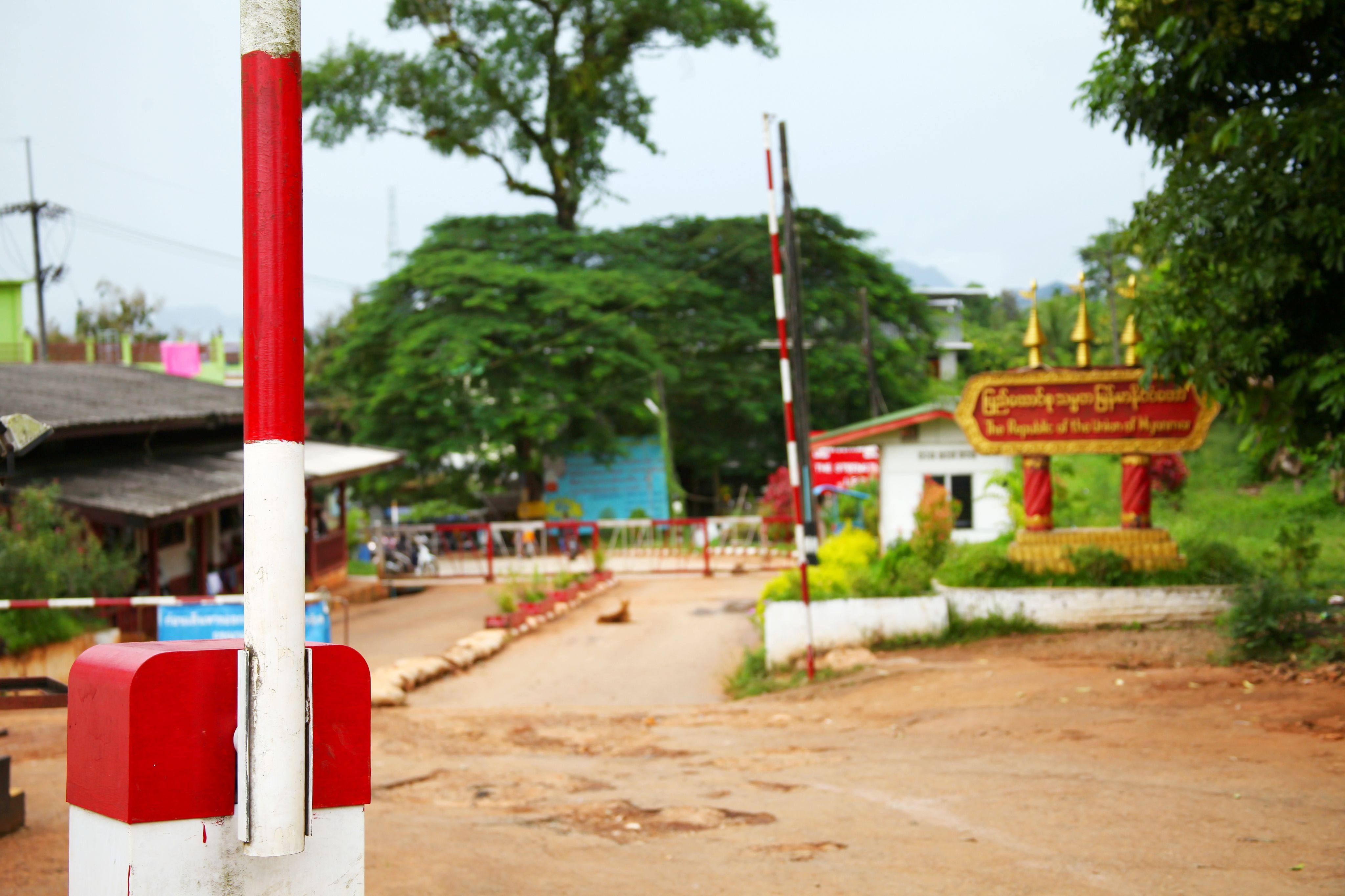 A view of raised gates at a border post between Thailand and Myanmar.