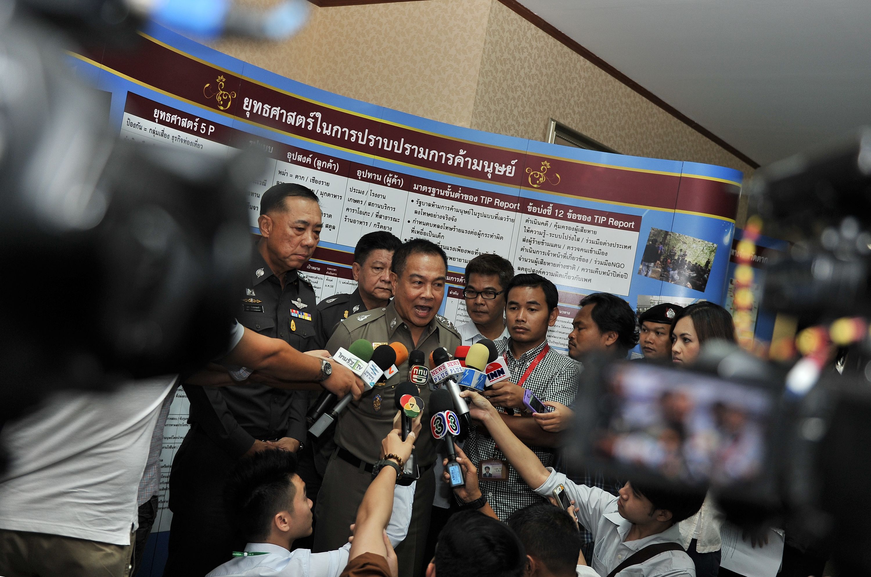 Thai Police Chief Pol Gen Somyot Poompanmoung speaking at a press conference