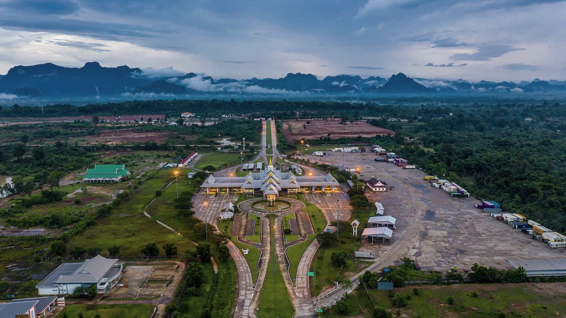 An aerial view of an immigration checkpoint on the Thai border.