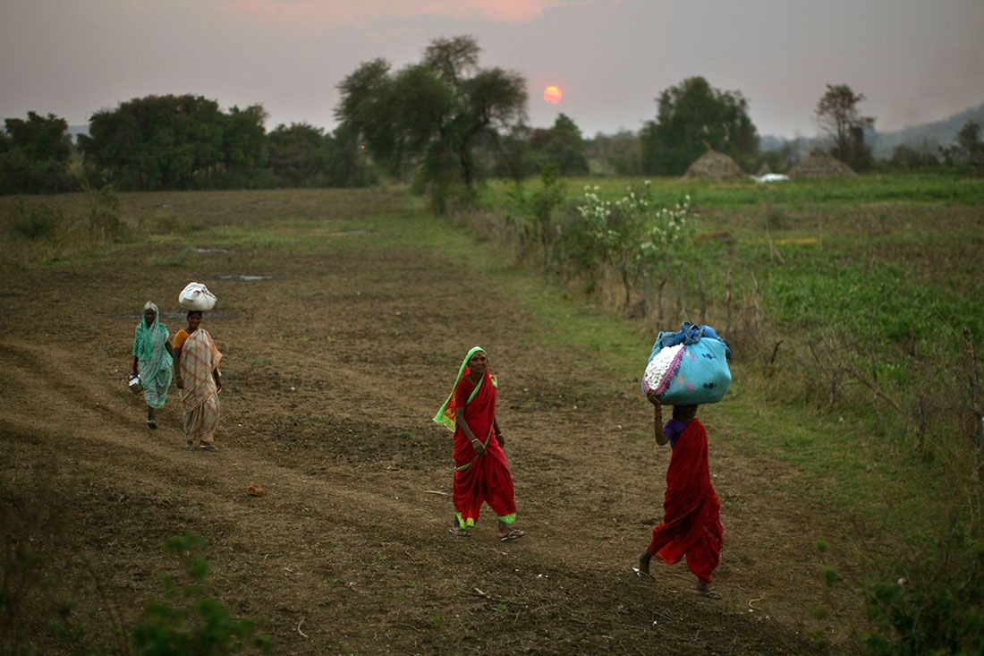 Women carry cotton bundles at the end of their work day in the village of Sunna, India in 2008. | Uriel Sinai/Getty Images