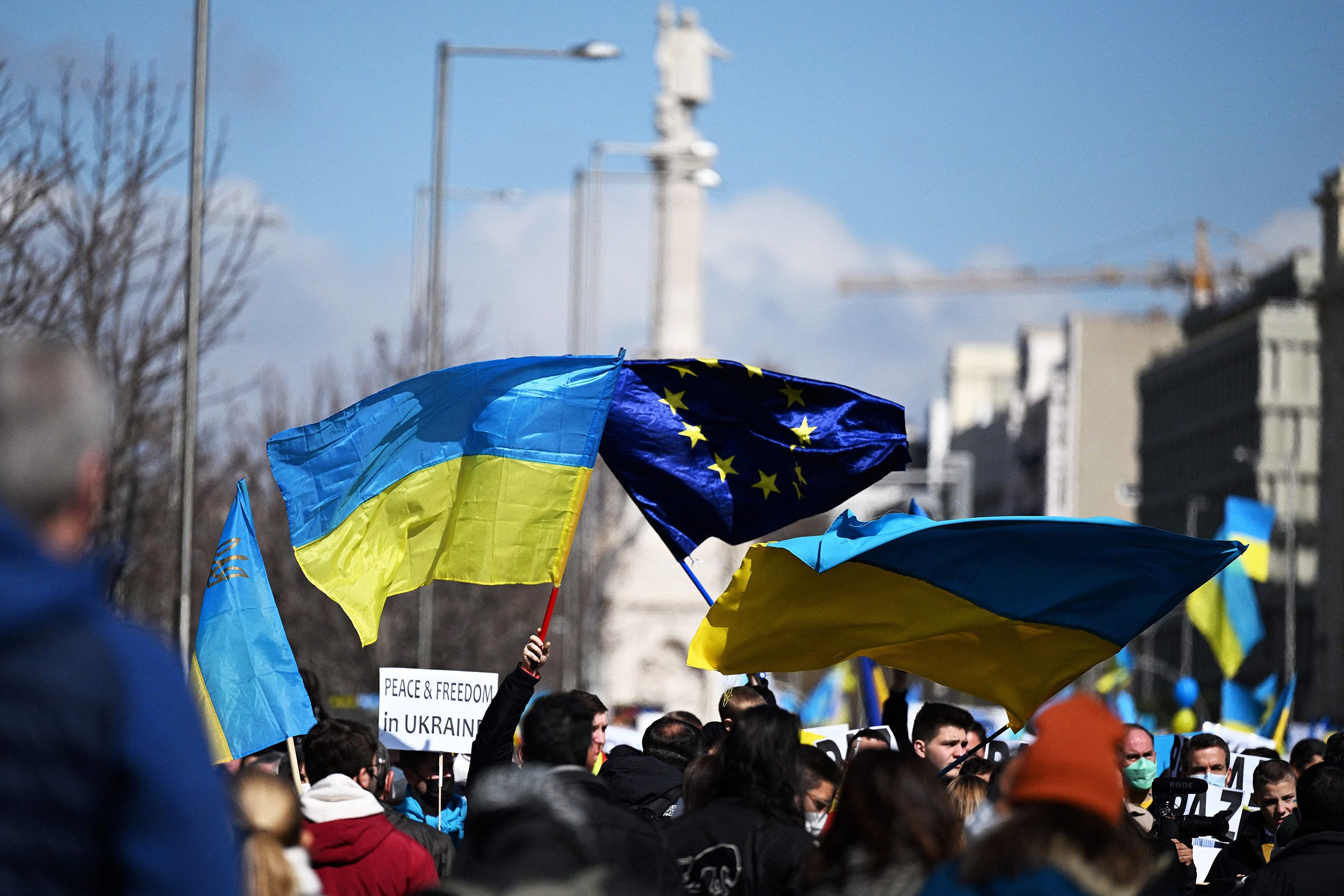 Protestors fly Ukrainian and EU flags next to each other