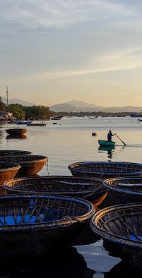 Round basket boats sit moored on a calm harbor in Vietnam.