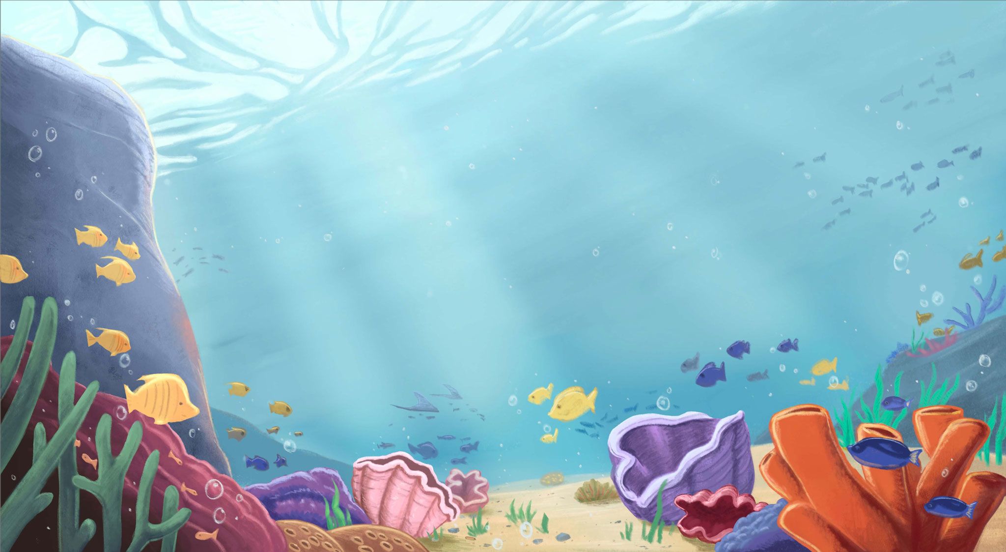 Seafloor populated by coral, fish, and bivalve