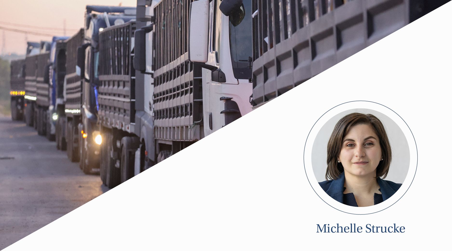 Trucks drive in a caravan in the twilight.