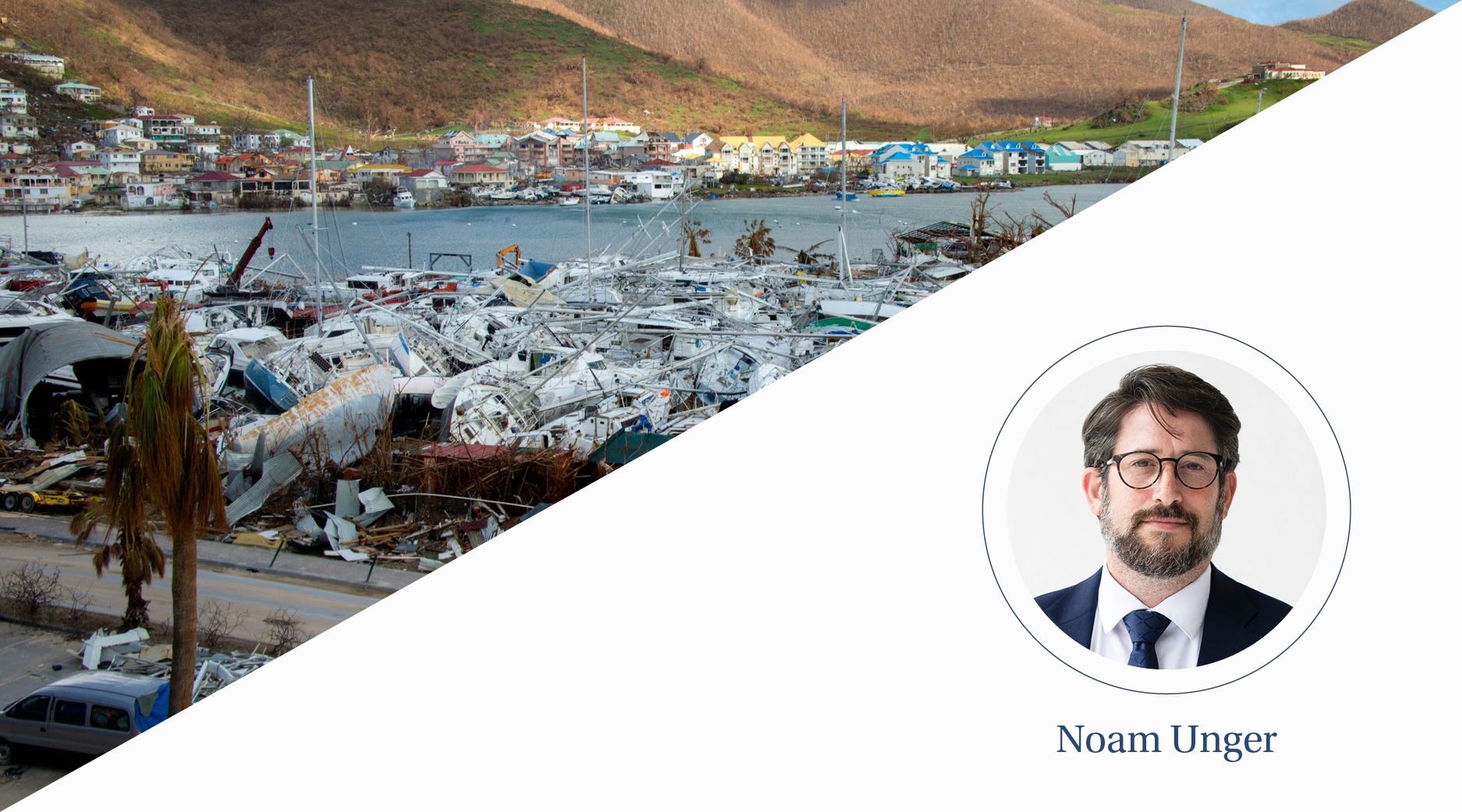 A harbor with overturned boats in the aftermath of a hurricane.
