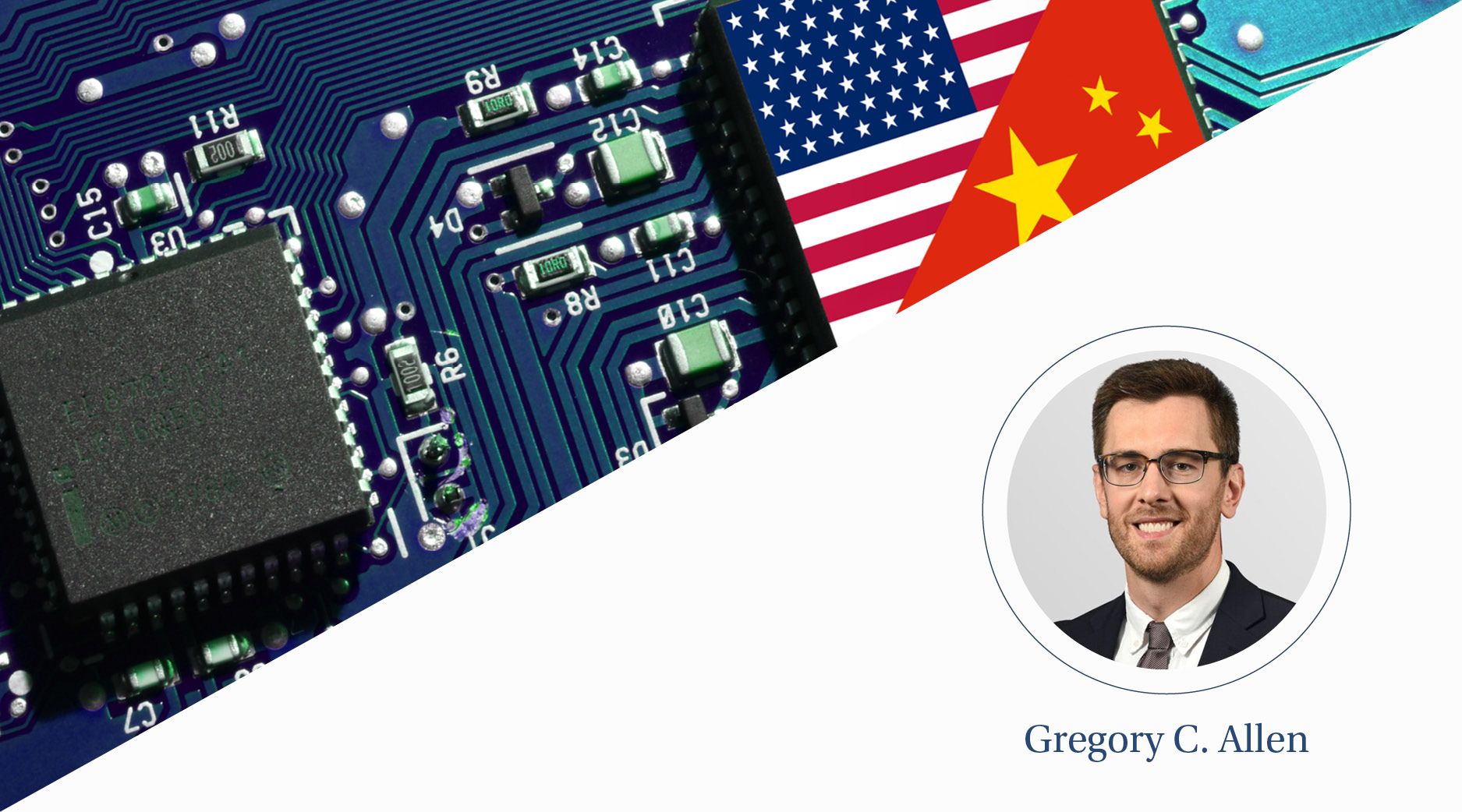 A top view of computer semiconductors with the American and Chinese flags imposed on top.