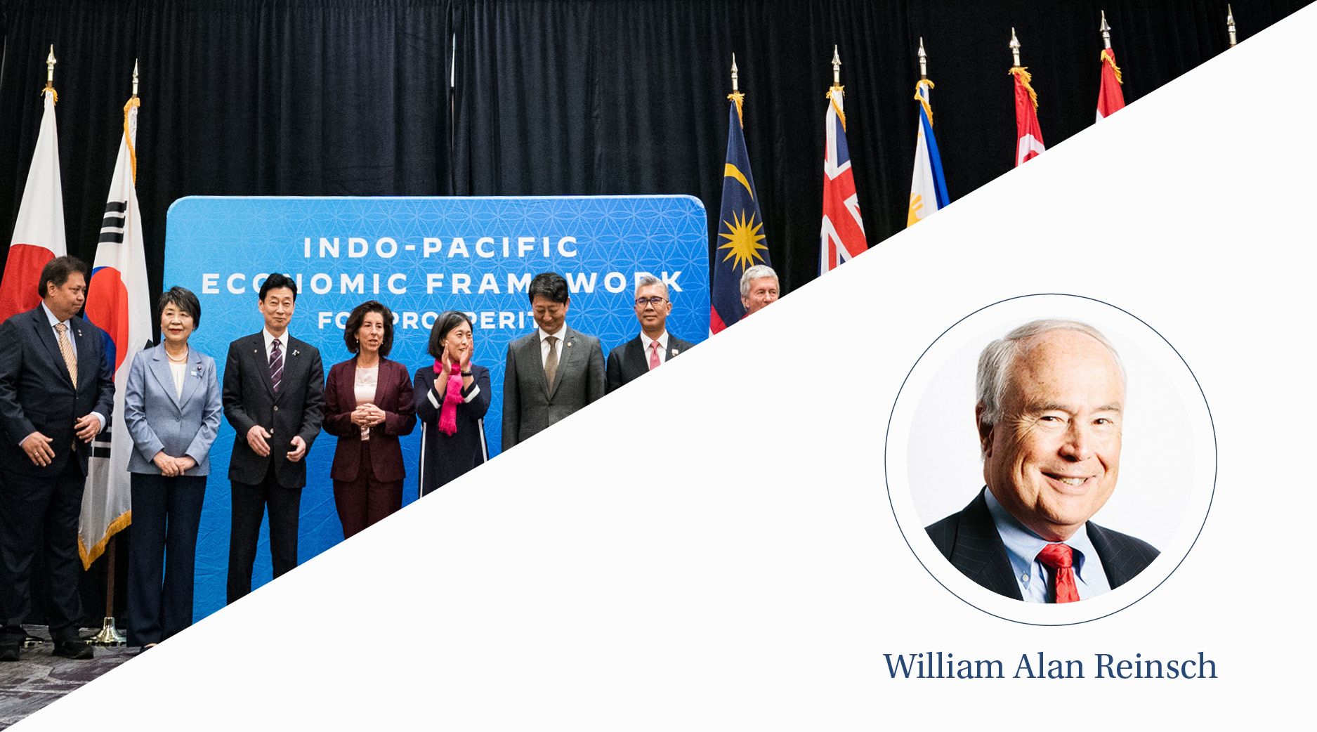 World leaders stand in front of a sign that reads, "Indo-Pacific Economic Framework."