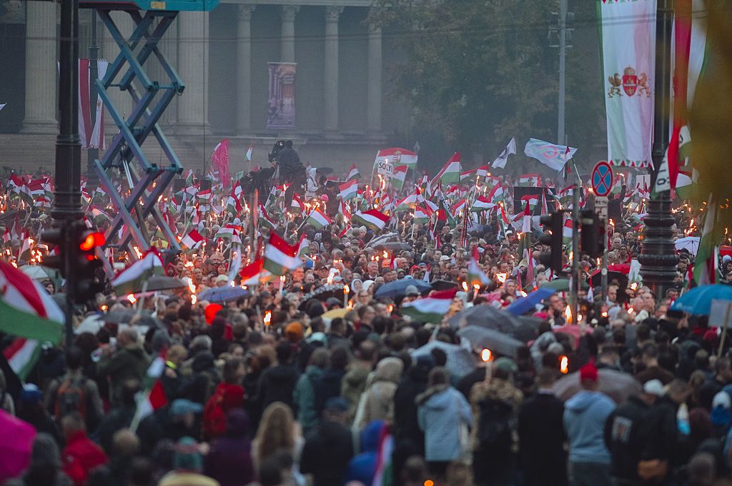 Flags are waved in a large gathering of people.