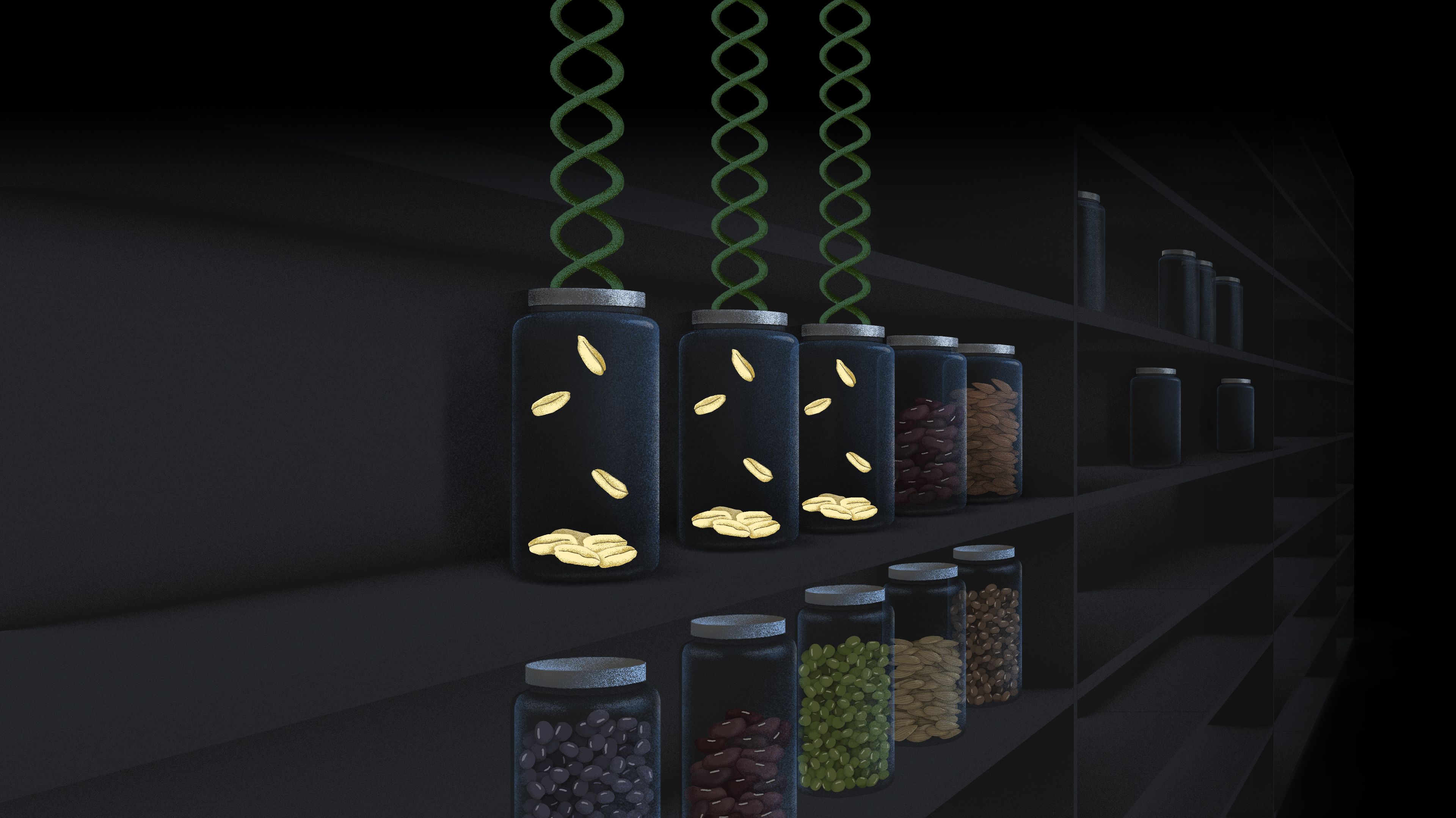 Illustration of DNA strand entering a gene bank setting with shelves holding glass jars filled with seeds