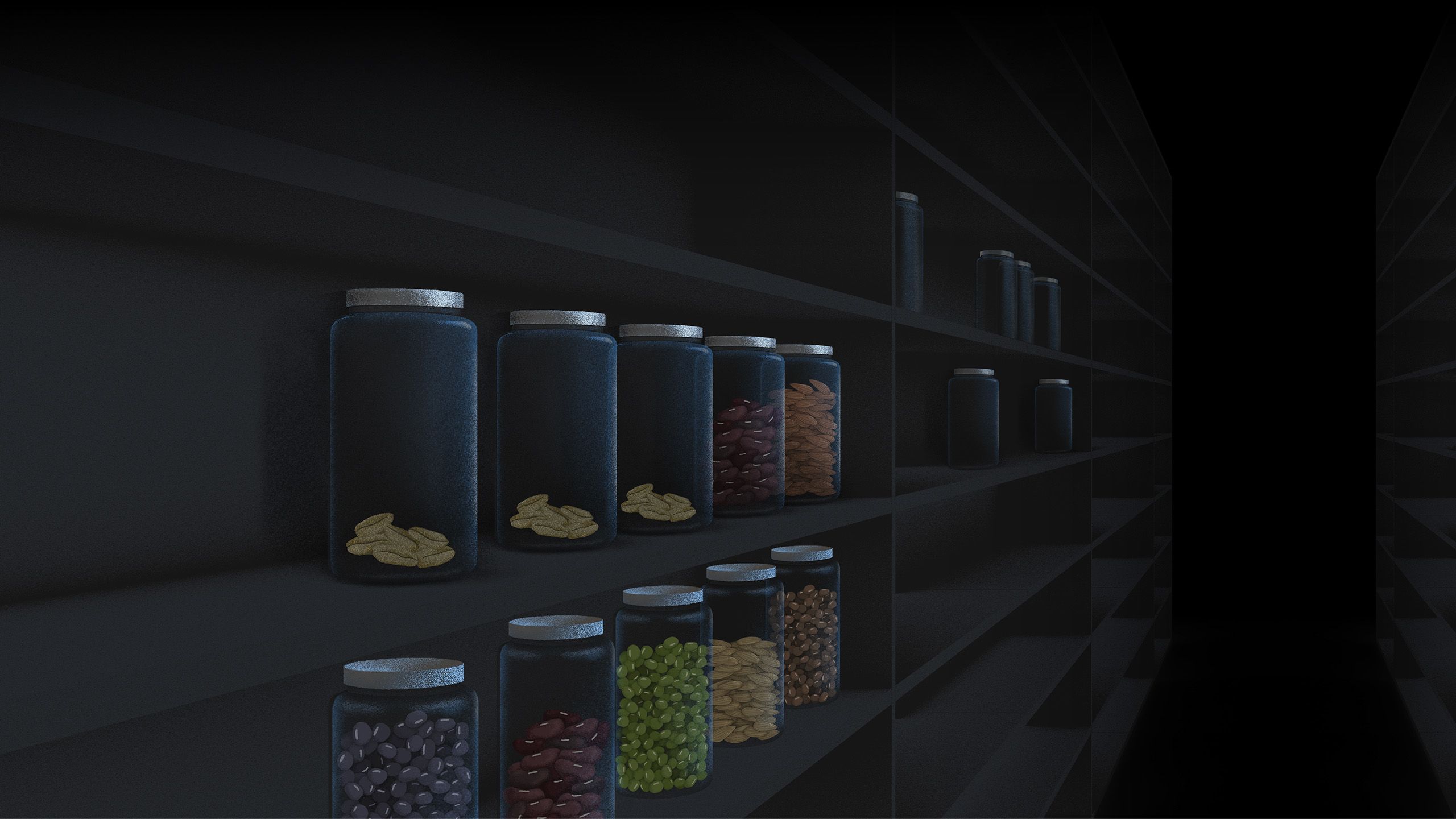 Illustration of gene bank setting with shelves holding glass jars filled with seeds