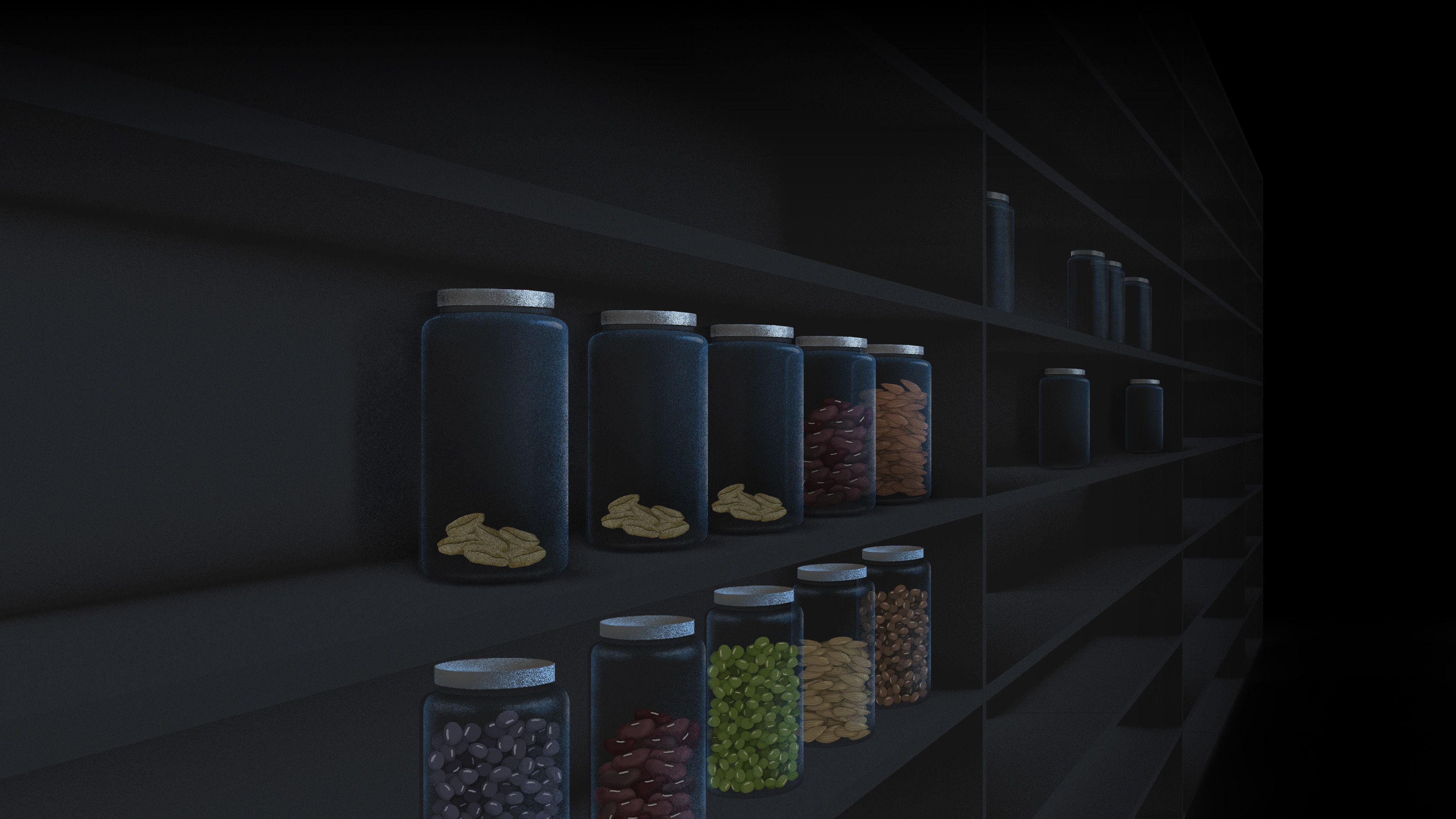 Illustration of gene bank setting with shelves holding glass jars filled with seeds