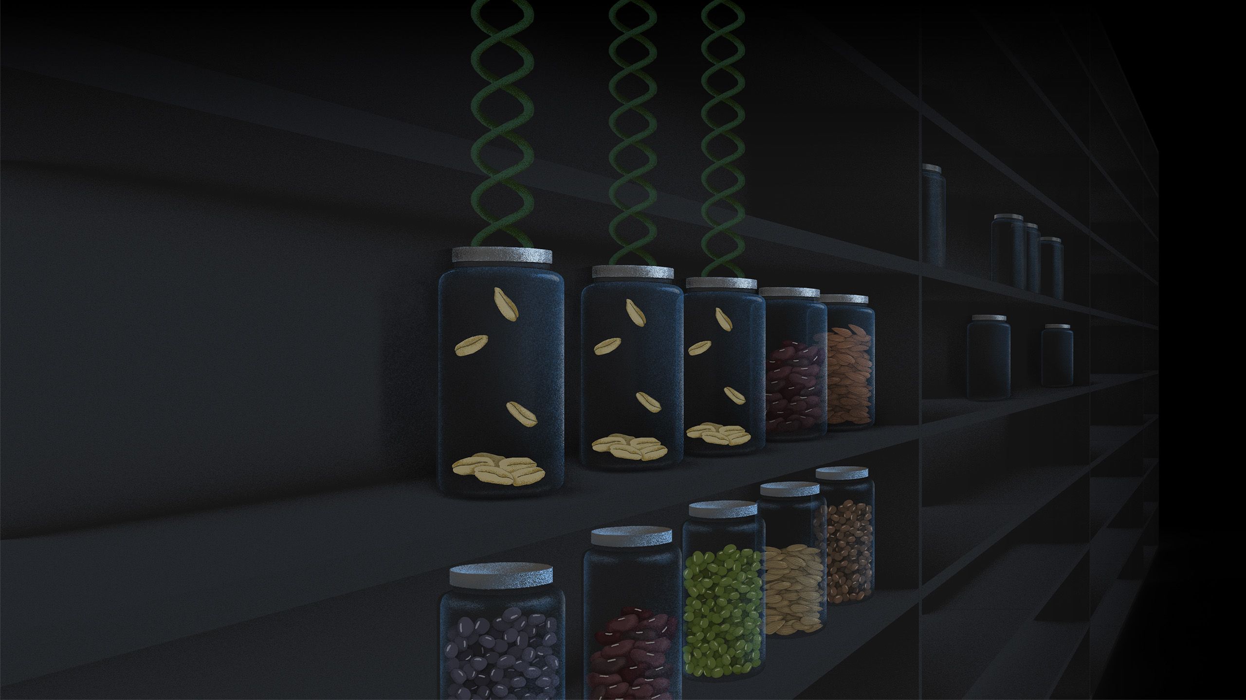 Illustration of fading DNA strand entering a gene bank setting with shelves holding glass jars filled with seeds