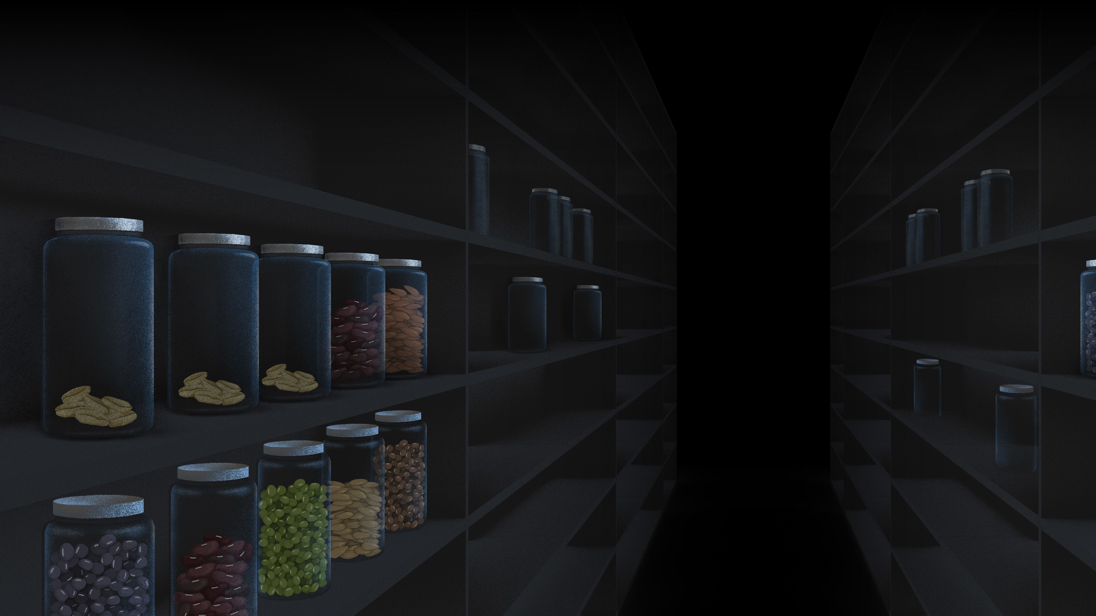 Illustration of gene bank setting with shelves holding glass jars filled with seeds
