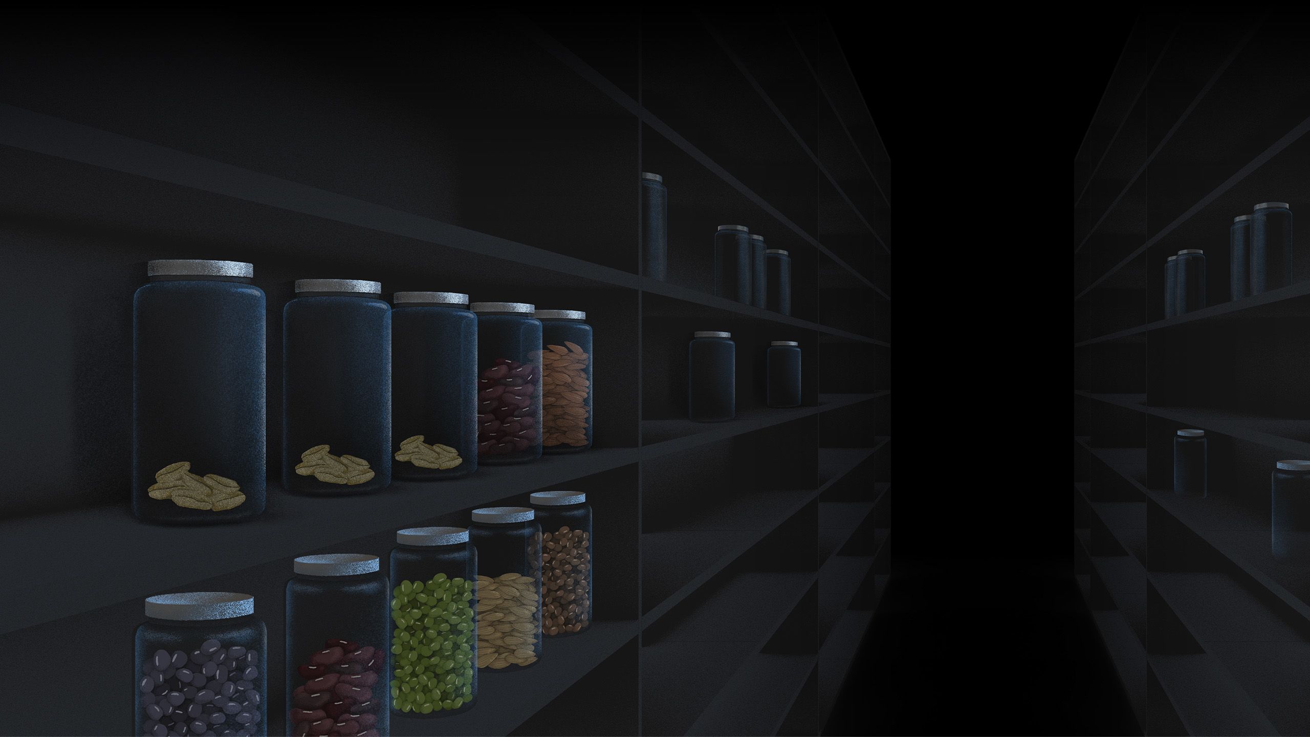 Illustration of gene bank setting with shelves holding glass jars filled with seeds