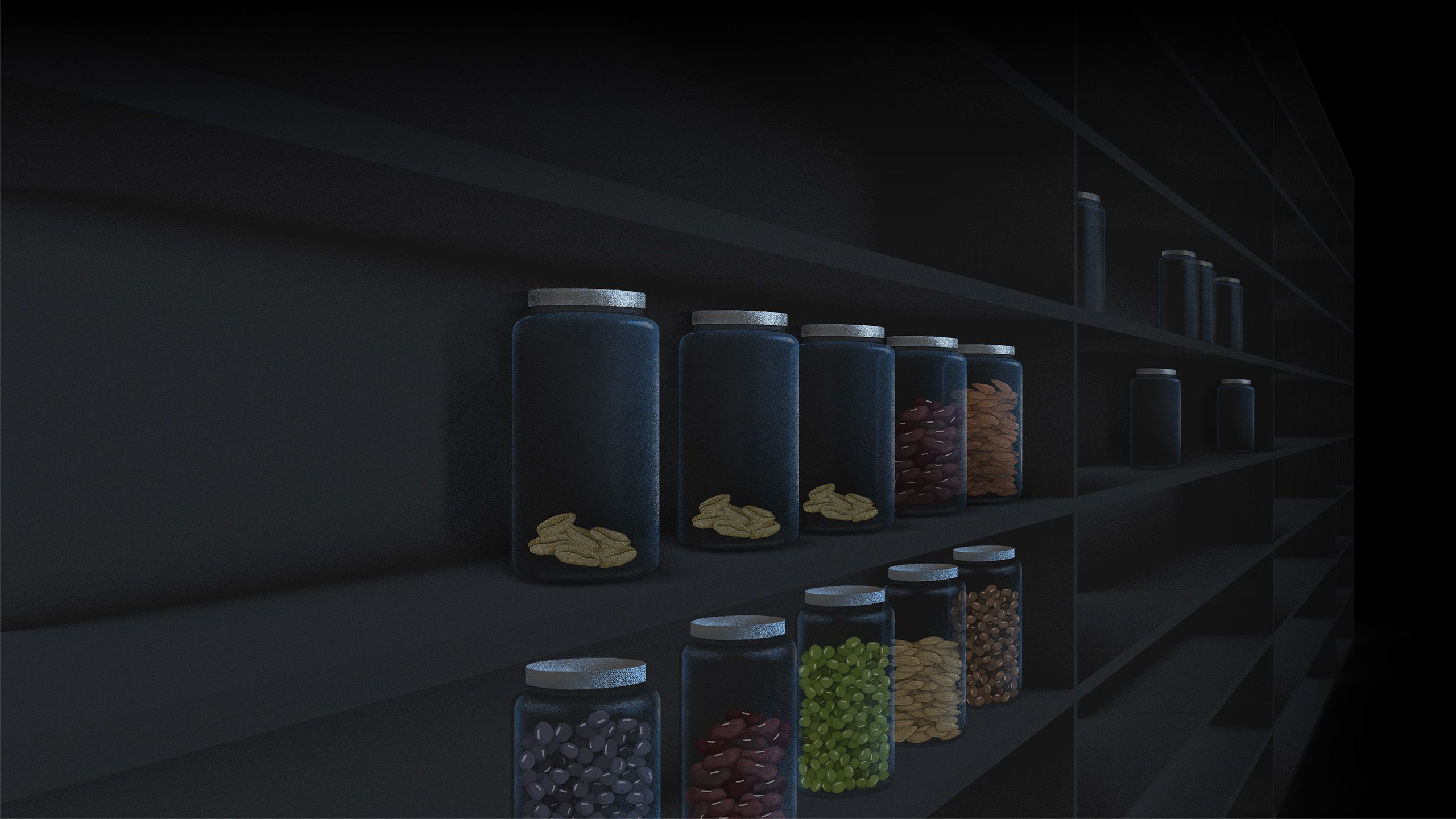 Illustration of gene bank setting with shelves holding glass jars filled with seeds