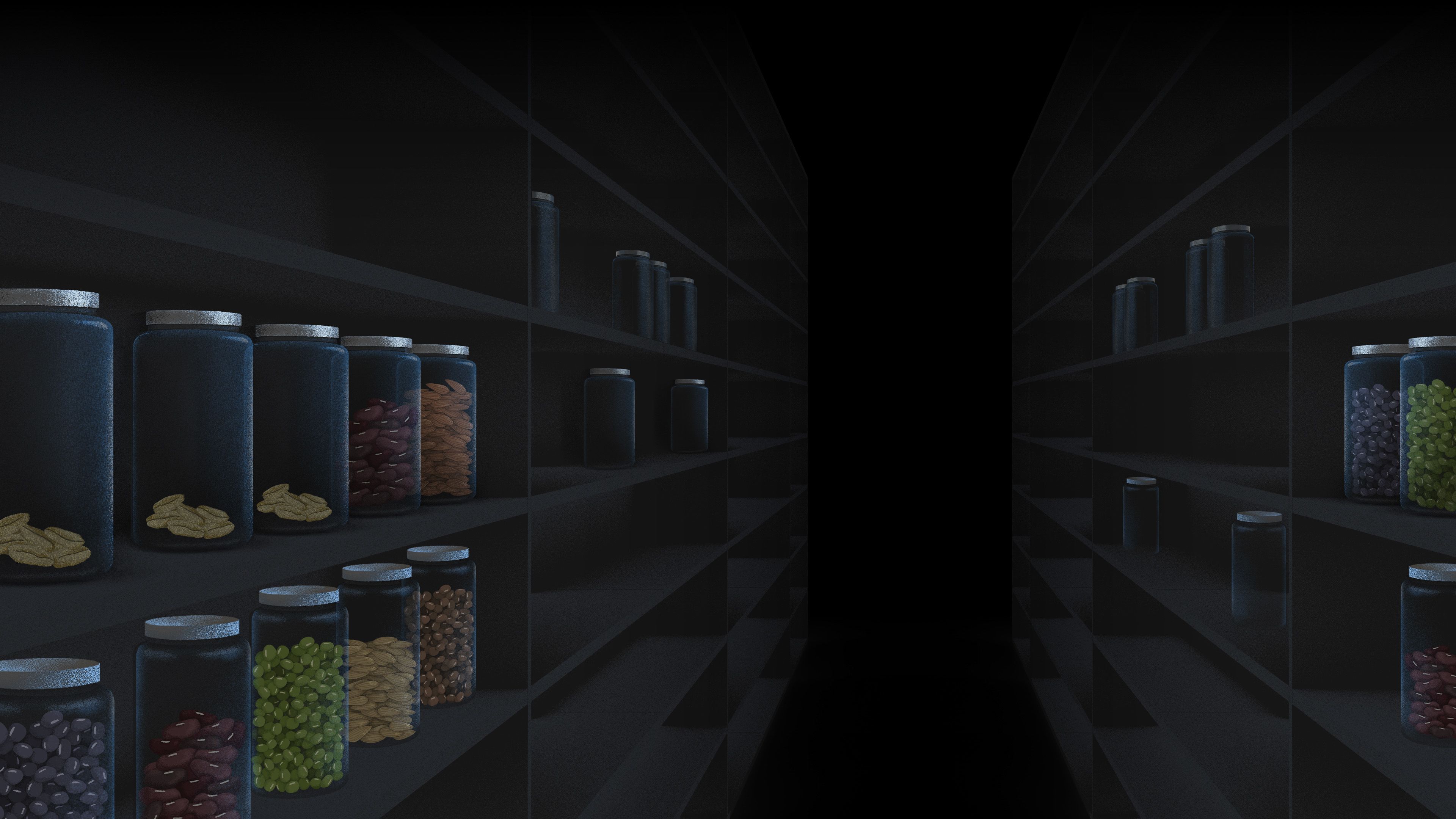 Illustration of gene bank setting with shelves holding glass jars filled with seeds