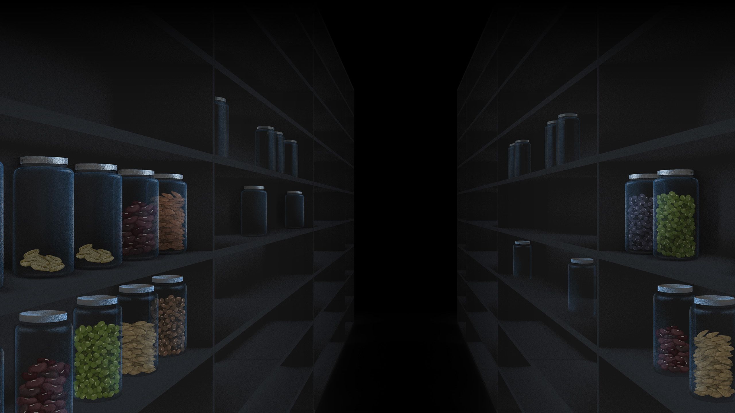 Illustration of gene bank setting with shelves holding glass jars filled with seeds