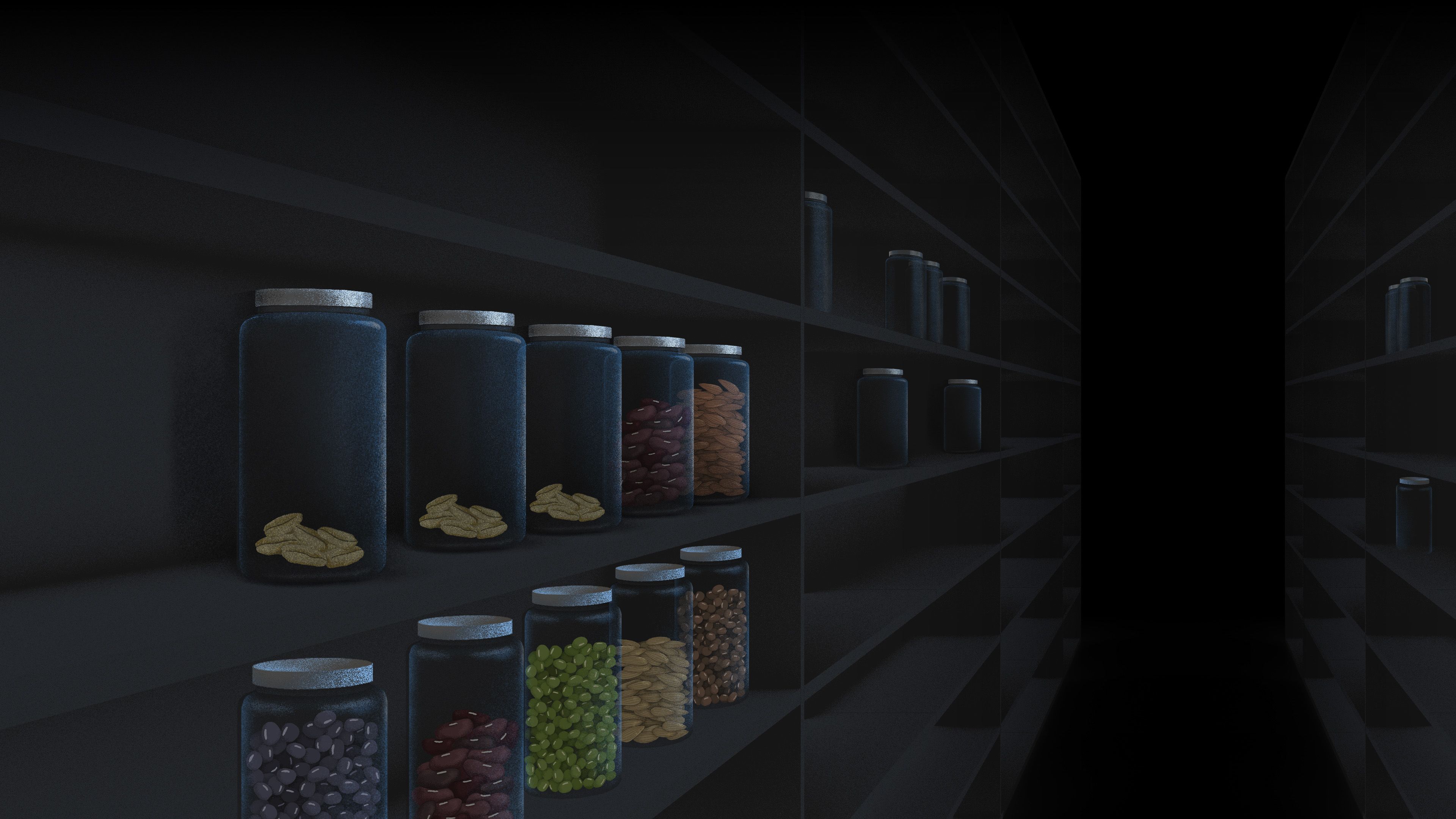 Illustration of gene bank setting with shelves holding glass jars filled with seeds