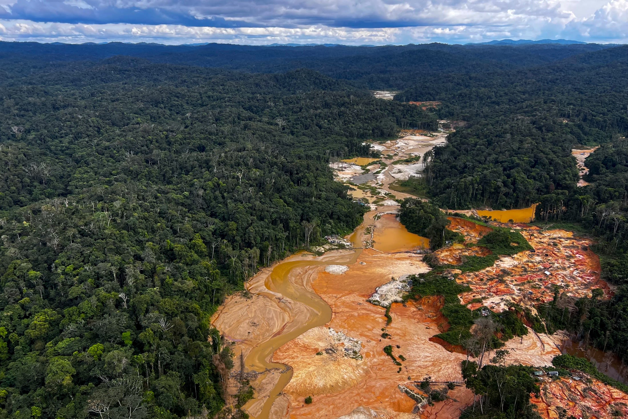 Aerial photo of an illegal mining camp during a February 2023 operation against deforestation at the Yanomami territory in Brazil.