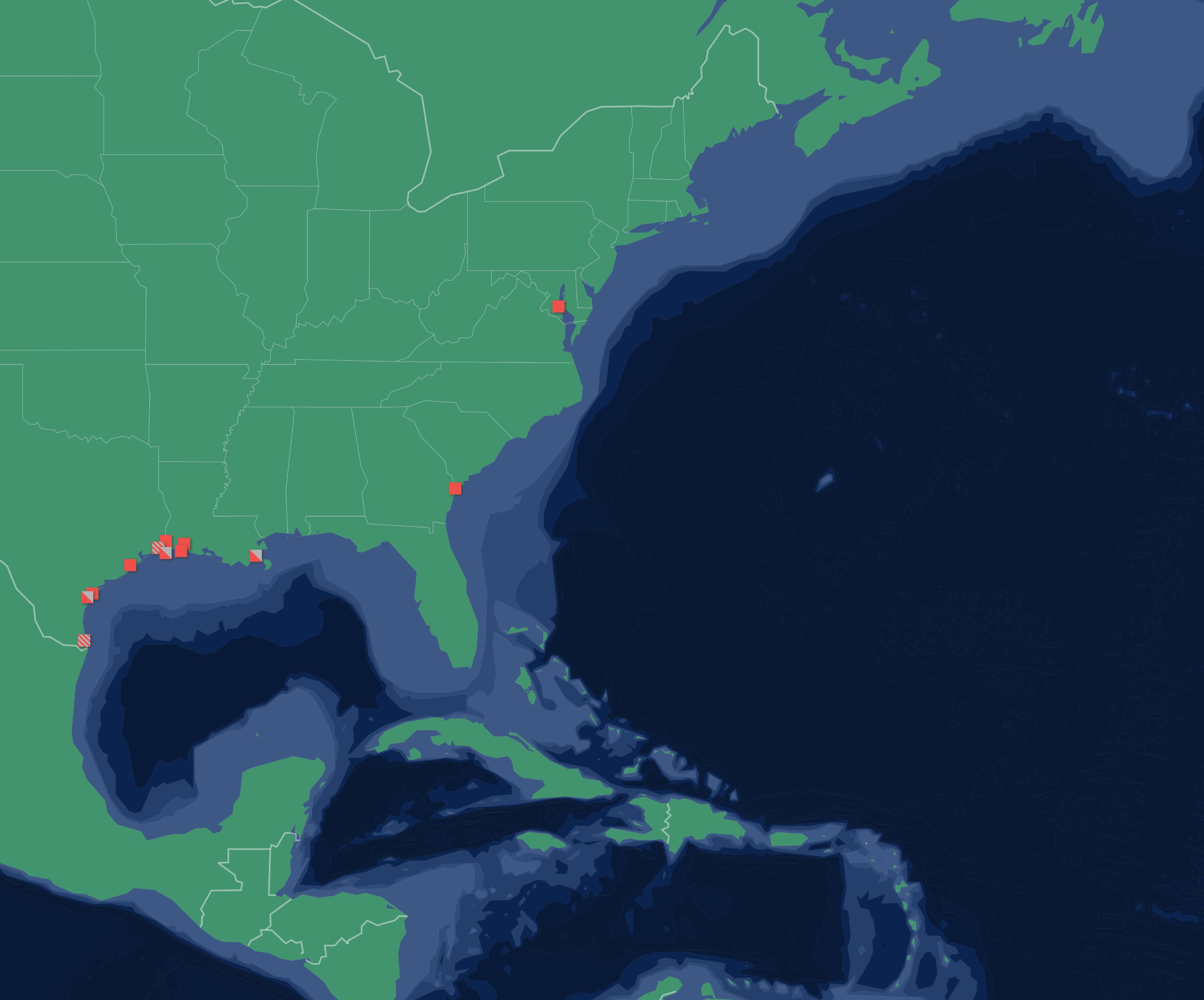 A map of the Southeastern coastline of the United States with current and proposed lng facilities highlighted