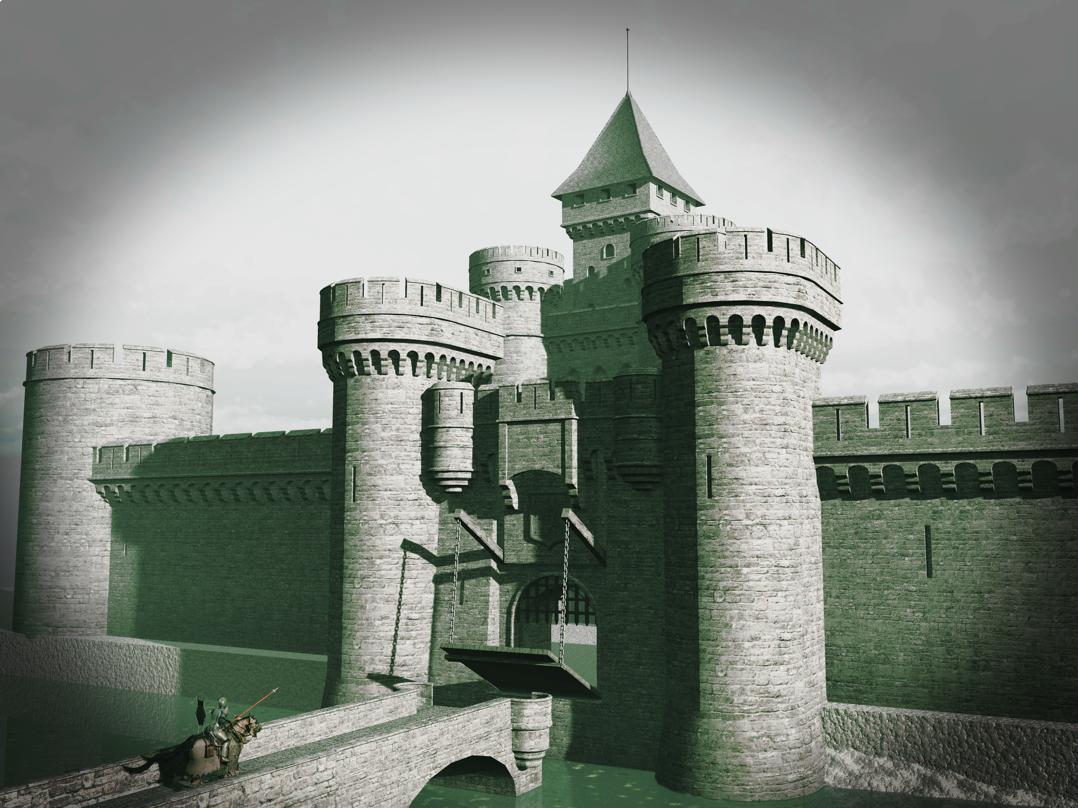 A castle that has a moat is approached by a knight. 